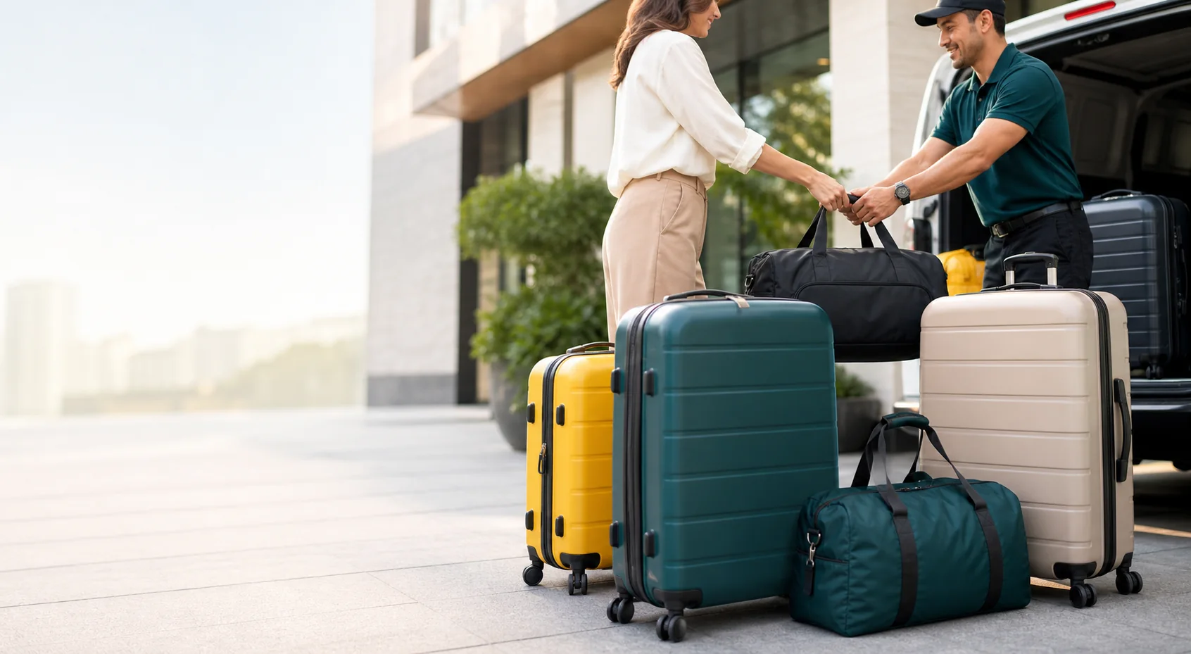 A beach traveler hands off luggage before enjoying the Gulf Shores coast.